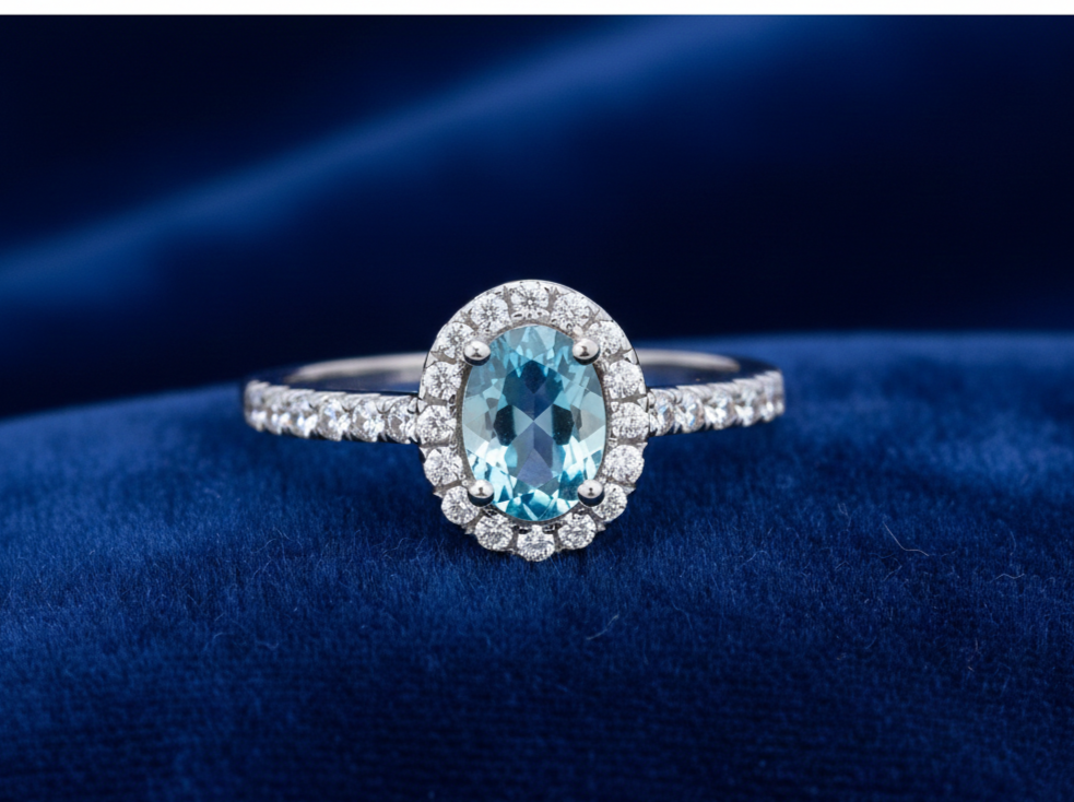 Sterling Silver Aquamarine Ring Oval Halo Engagement 925 Hallmark Size K-S