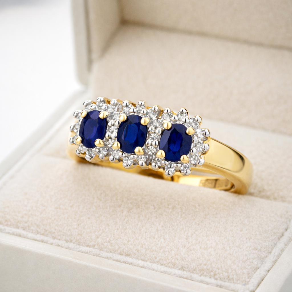 9ct Yellow Gold Sapphire and Diamond Ring Three Stone Cluster Trilogy Size J - Q