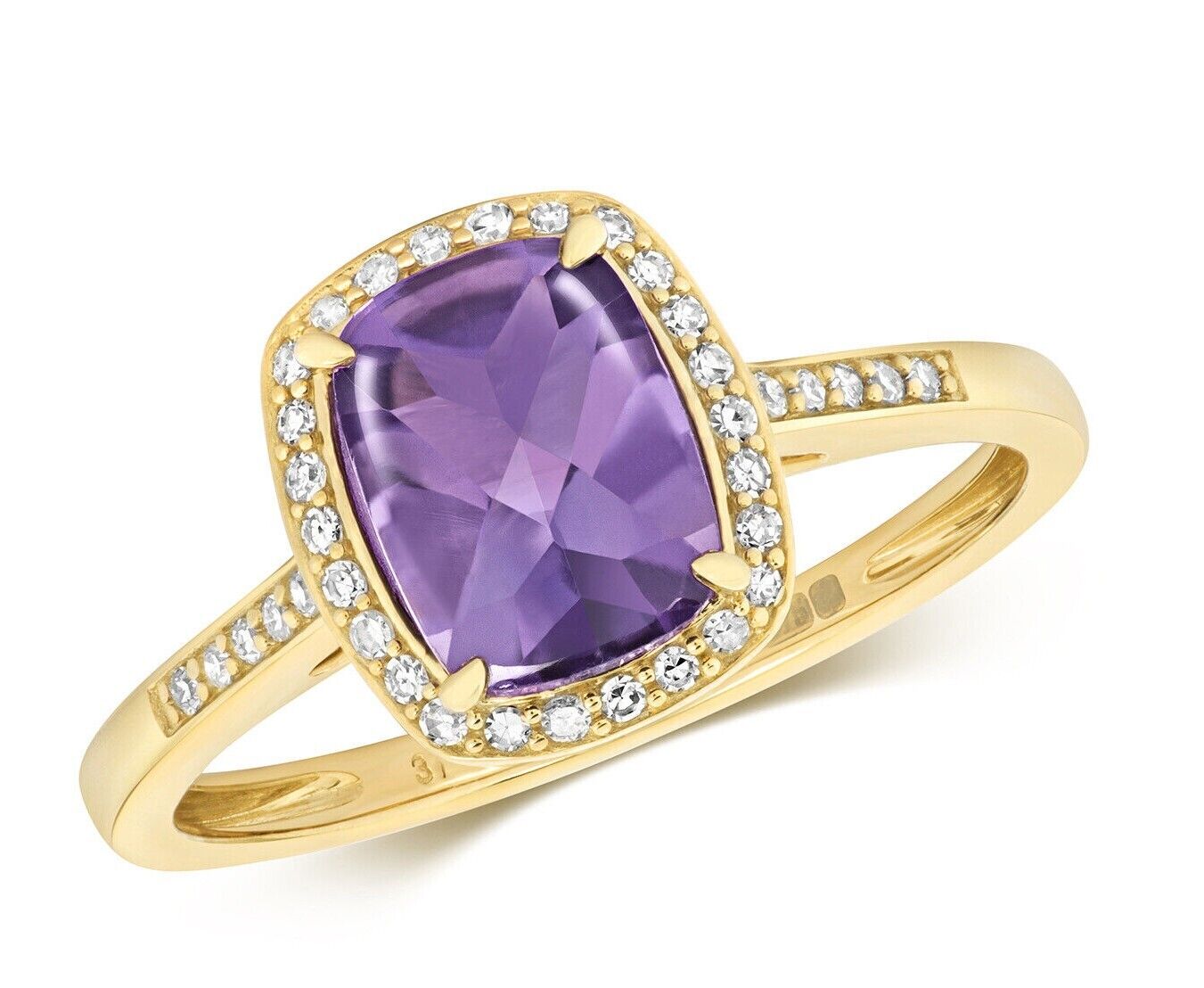 Real Amethyst and Diamond Ring Solid Yellow Gold Cushion Cut Size J - Q
