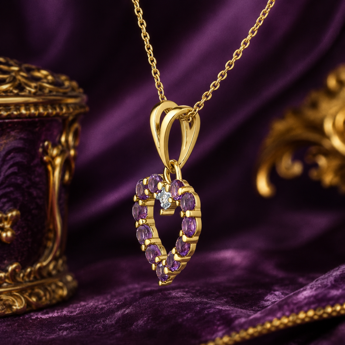 Amethyst & Diamond Heart Pendant Necklace Yellow Gold Fine Jewellery Gift