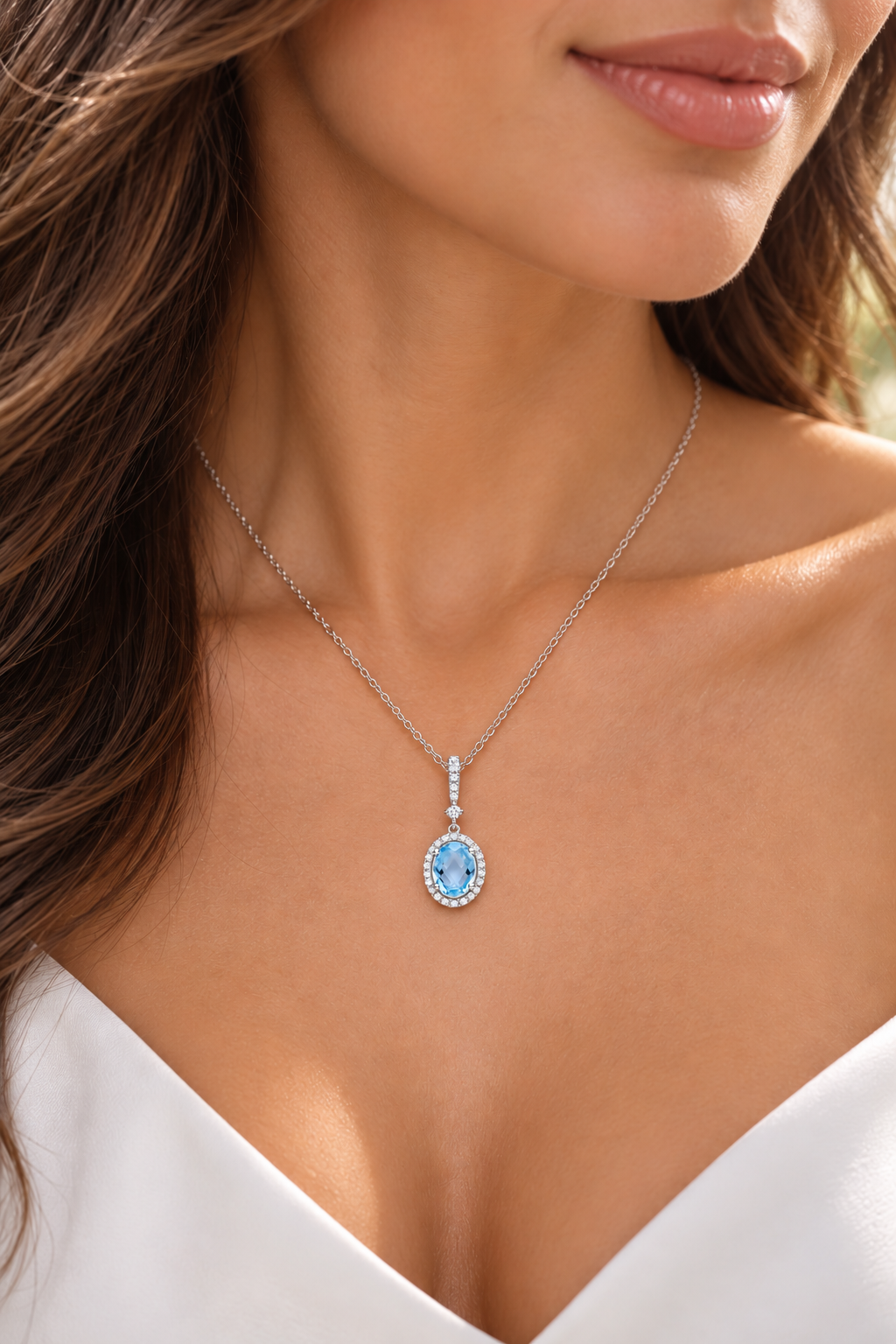 Oval Blue Topaz Pendant Necklace White Gold Sparkling Diamond Halo White Gold