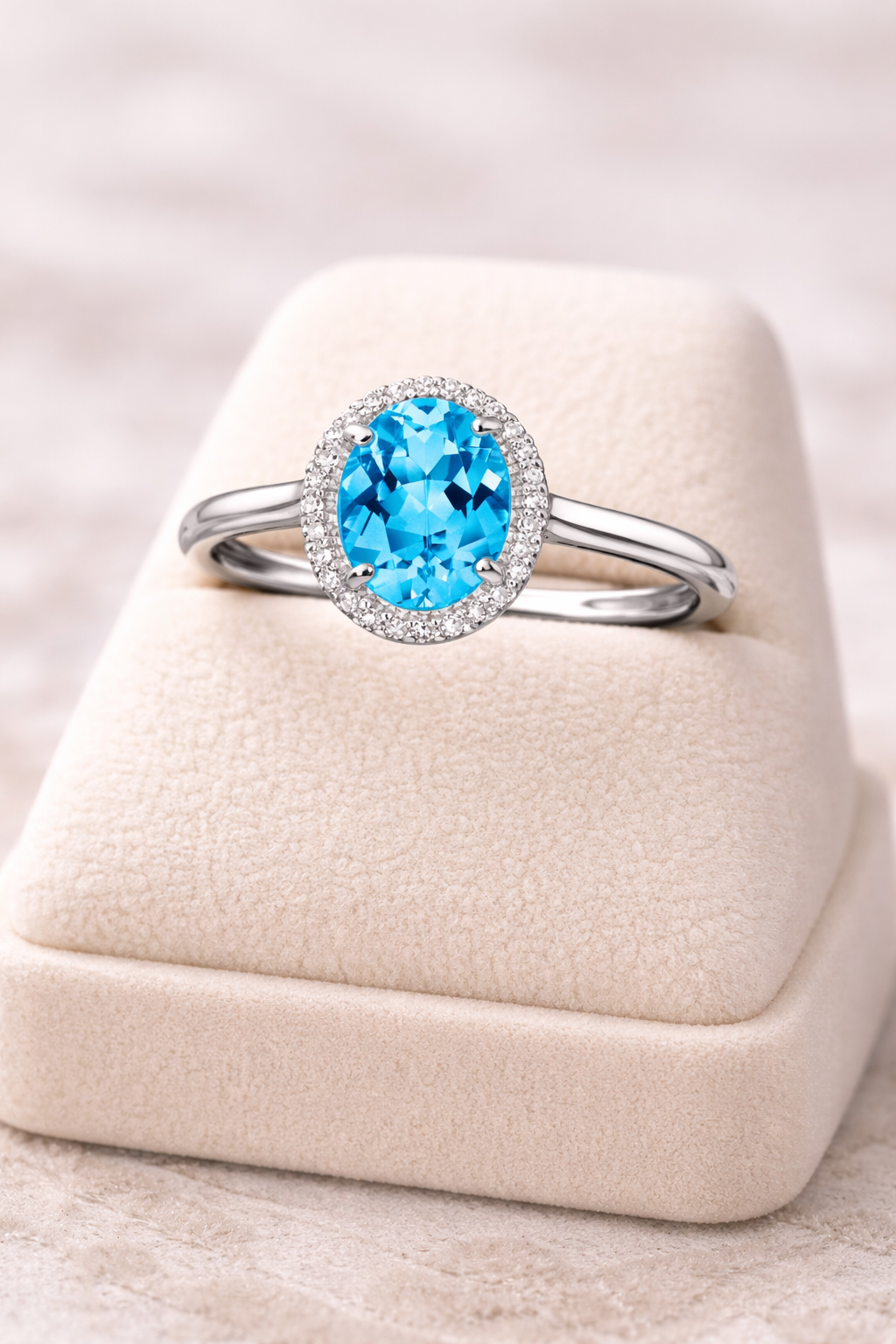 Real Swiss Blue Topaz and Diamond Ring Solid White Gold Oval Cluster Size J - Q