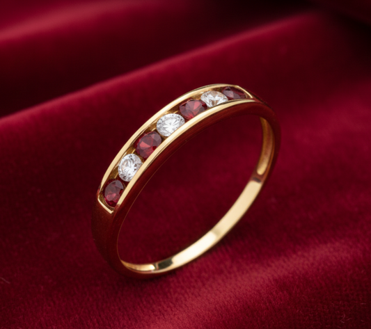 18ct Gold Ruby Eternity Ring Channel Set on Solid Silver 925 Hallmark Size K-S