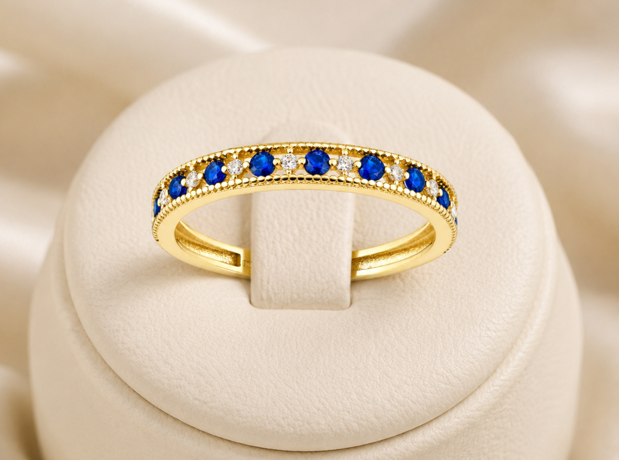 9ct Yellow Gold Sapphire Eternity Anniversary Ring Millgrain Heart Edge Hallmark