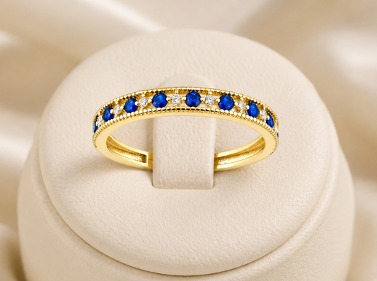 9ct Yellow Gold Sapphire Eternity Anniversary Ring Millgrain Heart Edge Hallmark