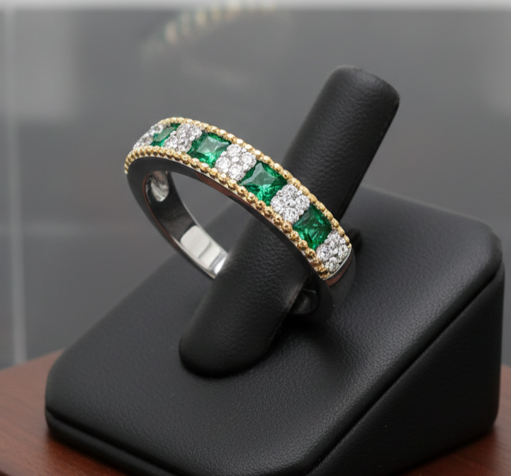 Sterling Silver Emerald Eternity Ring 18ct Gold Detail 925 Hallmark Size K - S