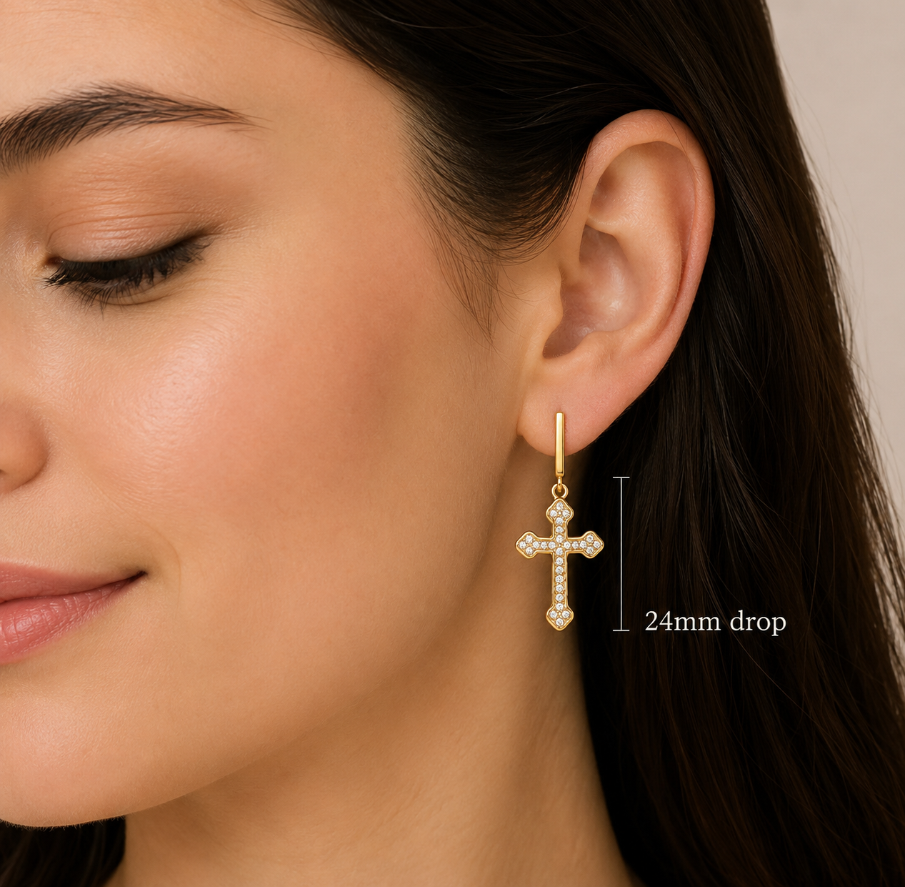 Yellow Gold Diamond Cross Drop Dangle Stud Earrings Religious Christian Gift