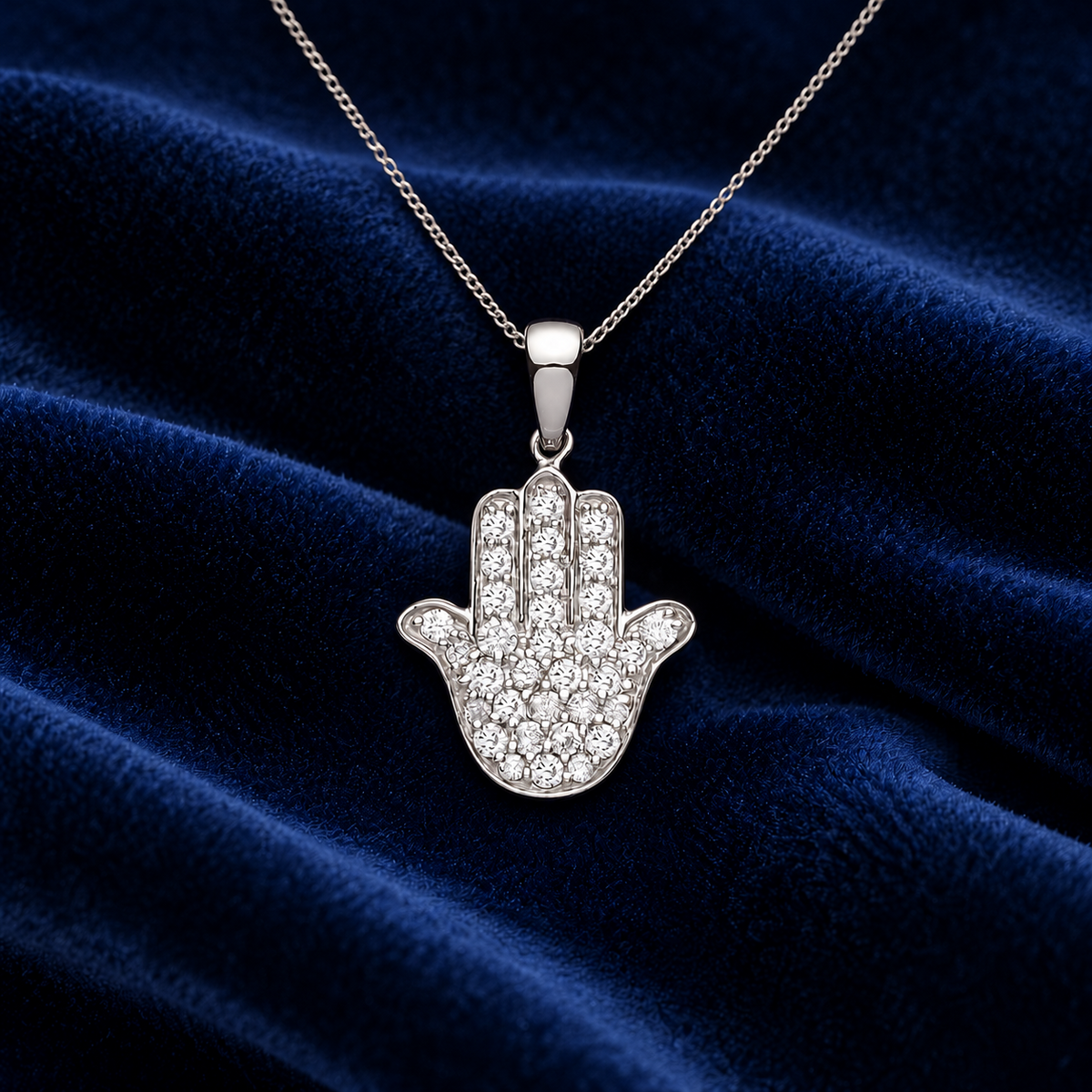 Diamond Hamsa Hand Pendant Necklace 9ct White Gold 18" Chain Real Diamonds