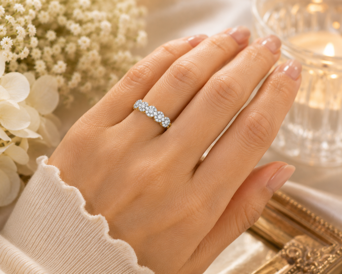 Elegant 18ct Gold Floral Cluster Ring on Solid Silver Sparkling Multi-Stone Band
