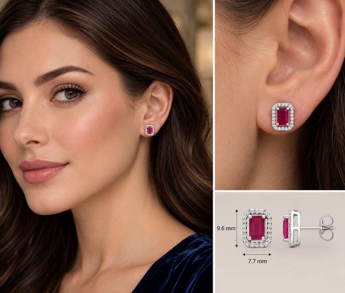 Ruby and Diamond Earrings 18ct White Gold Rectangular Studs Mined Stones