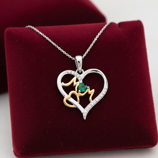 Emerald Mum Heart Pendant Solid Sterling Silver 925 Hallmark Yellow Gold Detail