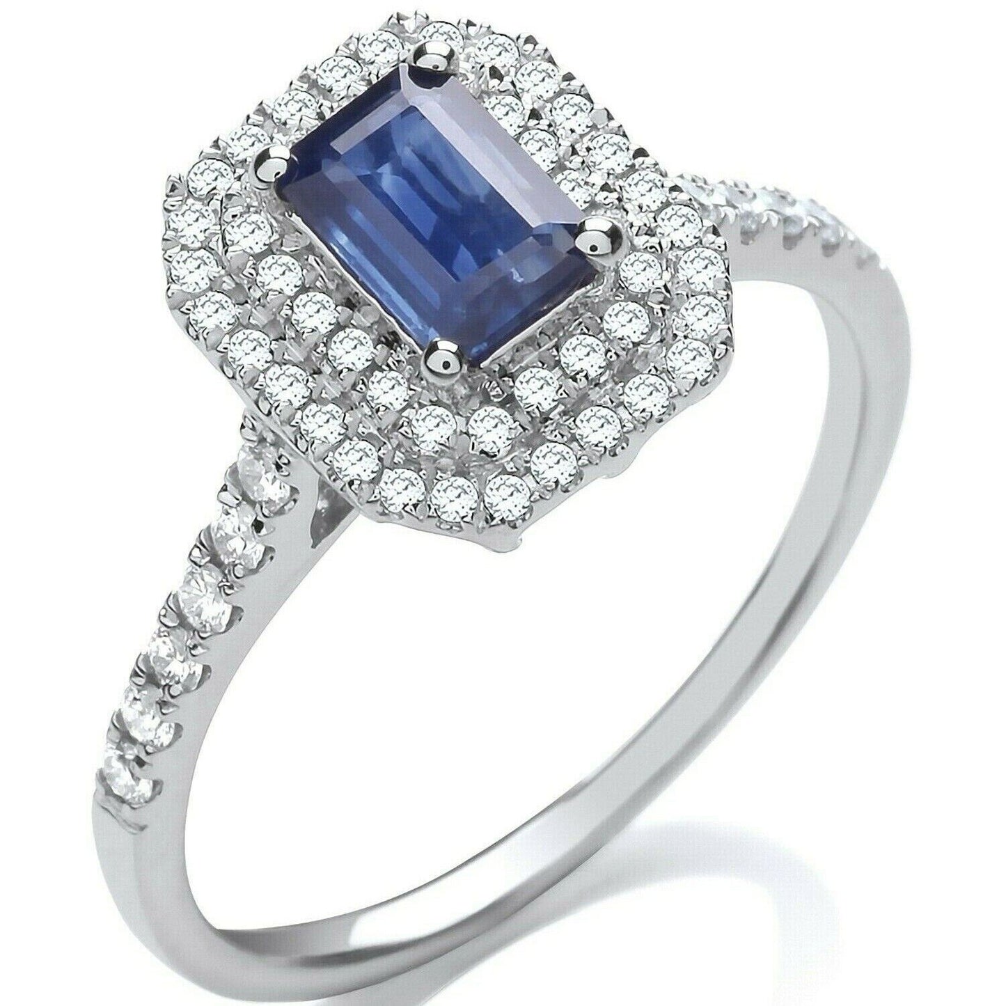 9ct White Gold 0.30ct Double Halo Diamond 0.66ct Emerald Cut Sapphire Ring