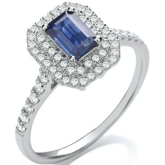 9ct White Gold 0.30ct Double Halo Diamond 0.66ct Emerald Cut Sapphire Ring
