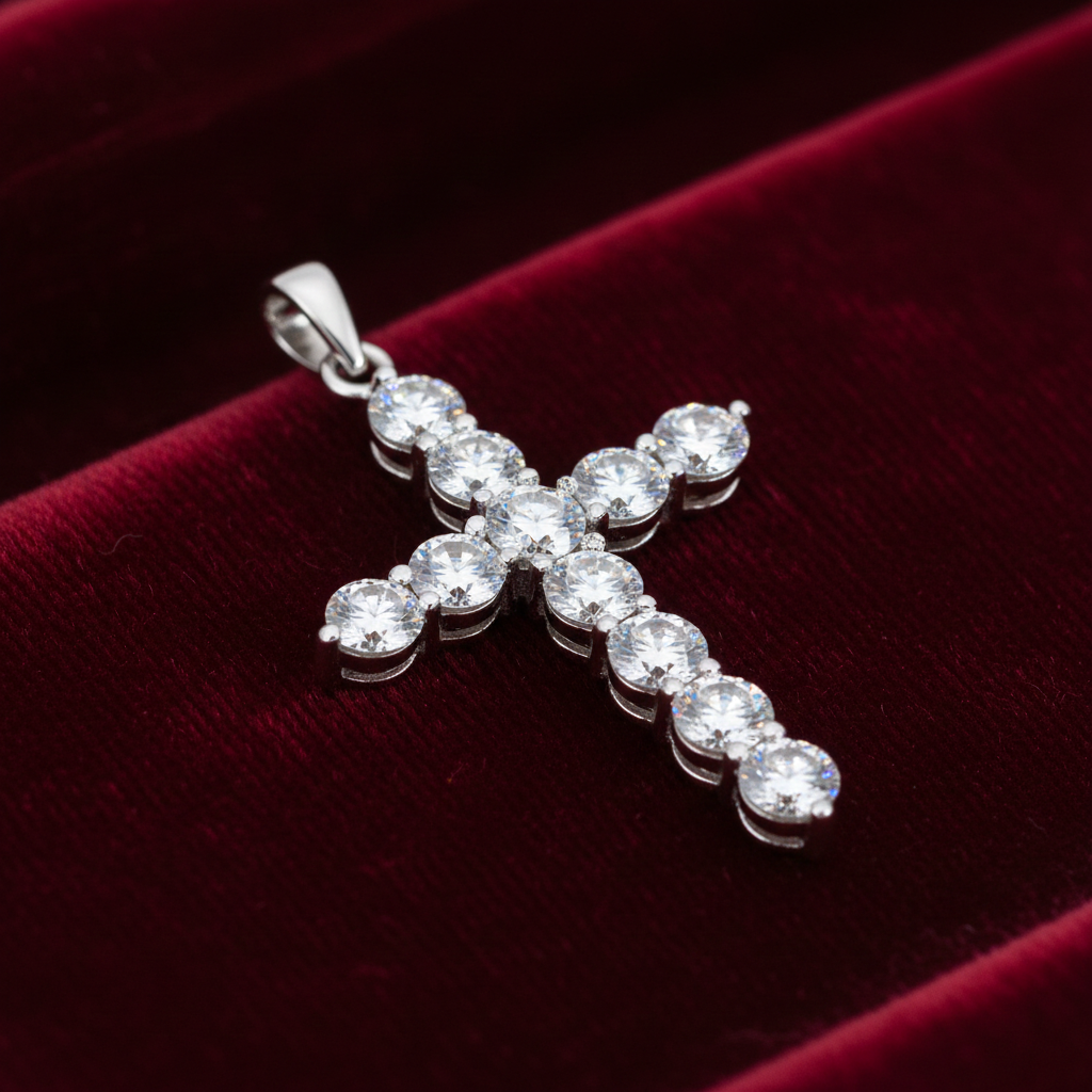Sterling Silver Zircon Cross Pendant  925 Hallmark 38mm