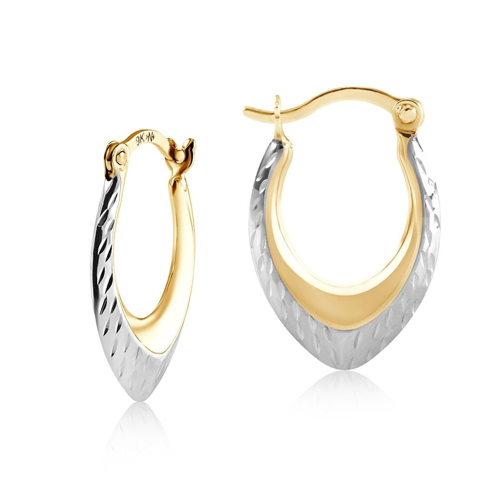 Two Colour Gold Oval Hoop Ribbed Earrings 9ct Yellow and White Gold Hallmarked