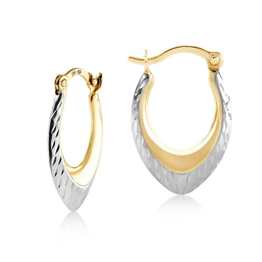 Two Colour Gold Oval Hoop Ribbed Earrings 9ct Yellow and White Gold Hallmarked
