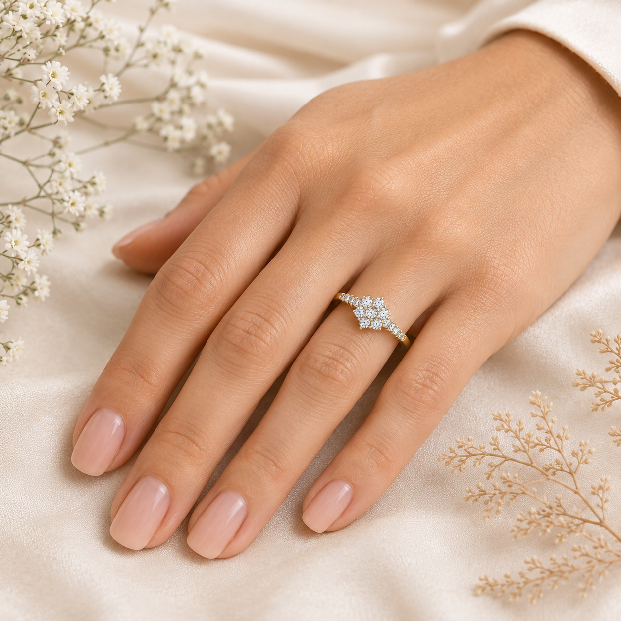 Elegant Floral Cluster Ring in 18ct Gold Solid Sterling Silver Engagement