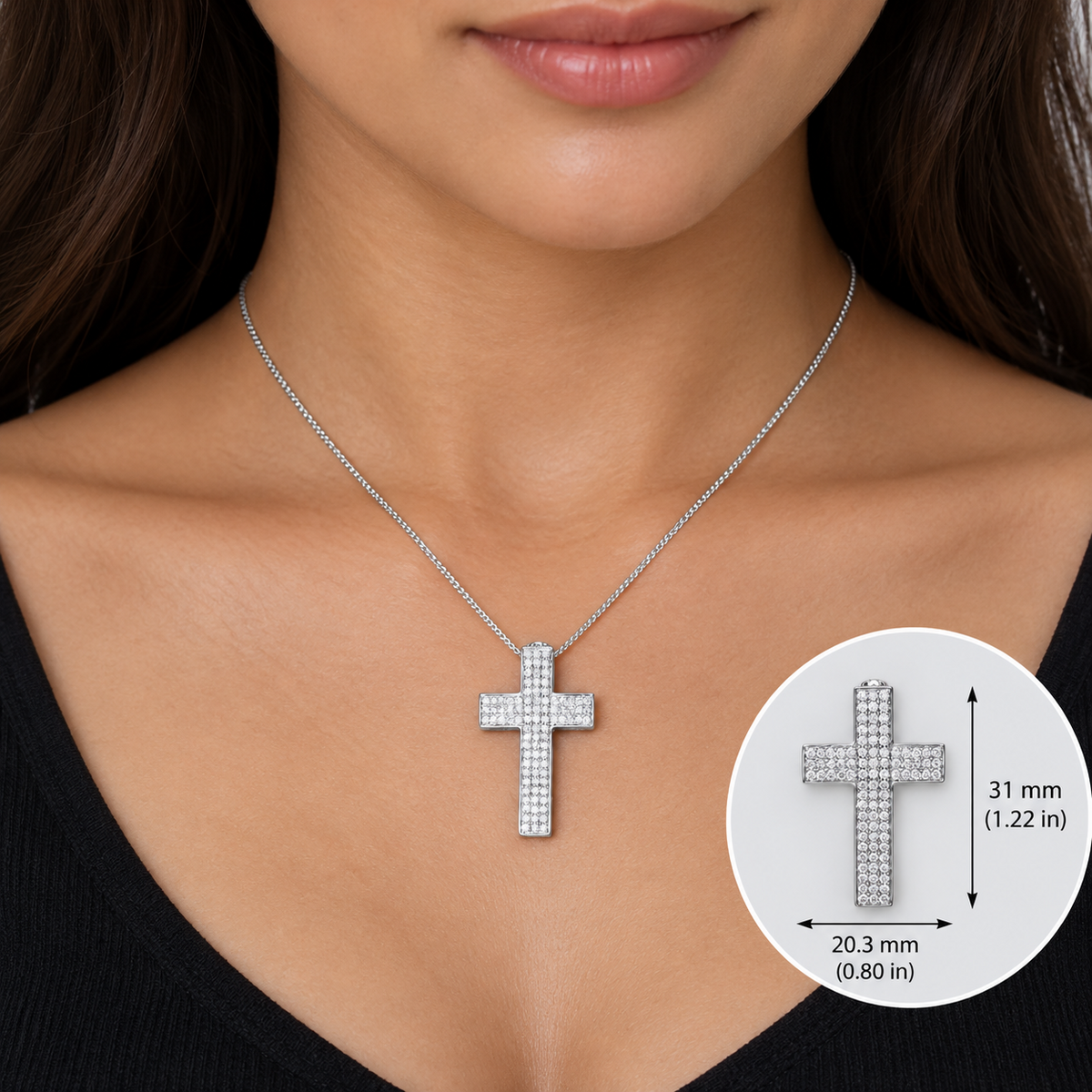 Diamond Pave Cross Pendant Necklace 18ct White Gold 18"/45cm 0.80ct Real Diamond