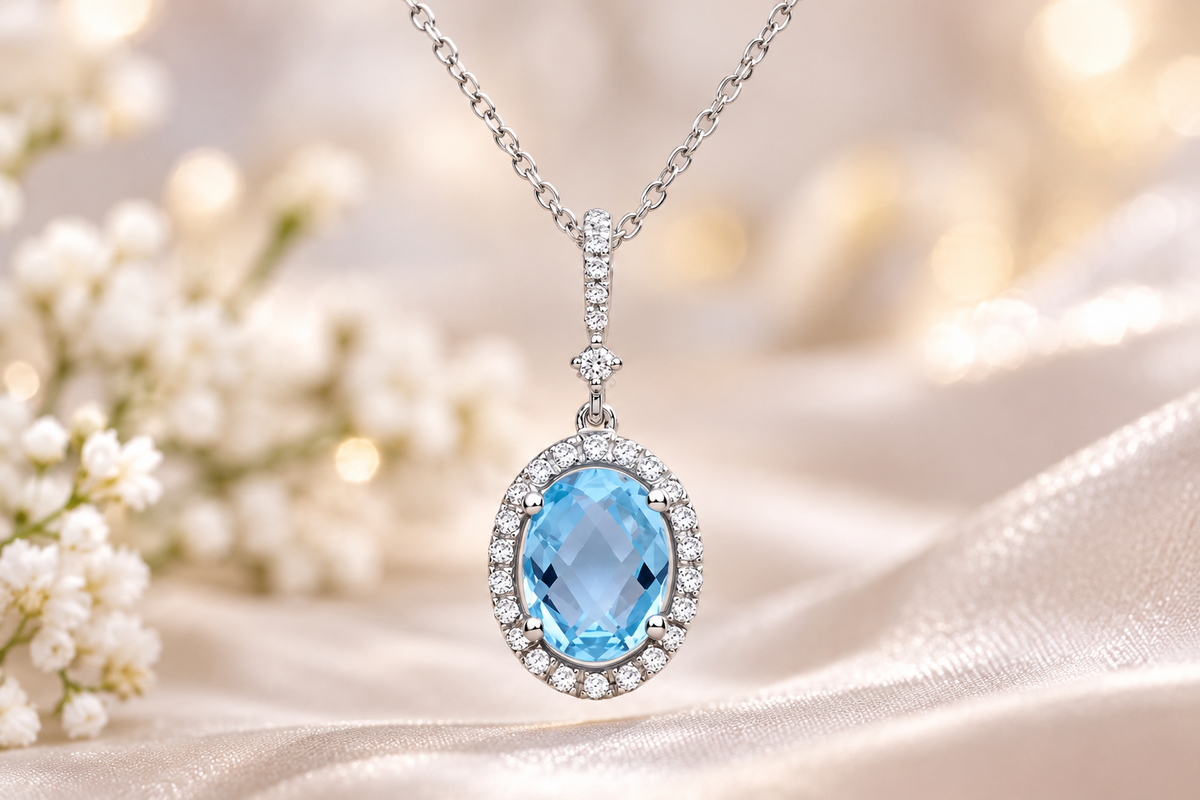 Oval Blue Topaz Pendant Necklace White Gold Sparkling Diamond Halo White Gold
