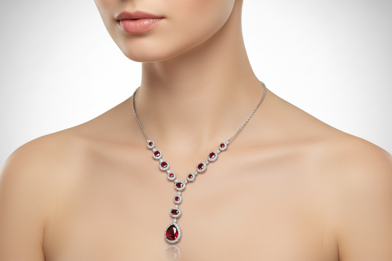 Garnet Necklace Solid Sterling Silver 18" Length Hallmarked British Made