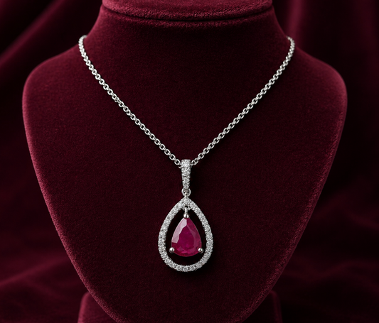 Ruby Teardrop Pendant Real Diamond Solid 18ct White Gold 16" 41cm Length Chain