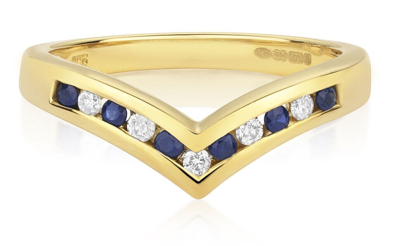 Real Sapphire and Diamond Wishbone Ring Solid Yellow Gold Eternity Band Size J-Q