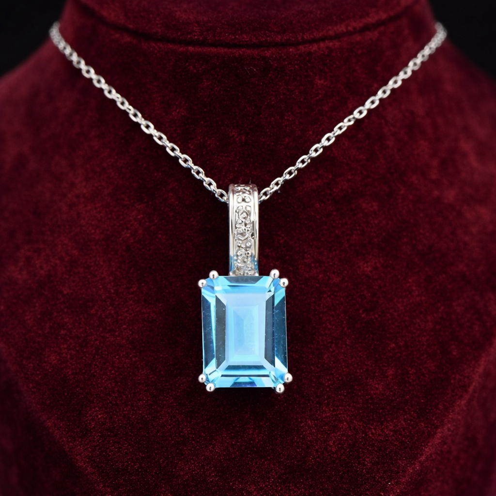 Swiss Blue Topaz Pendant With Diamonds 9ct White Gold 18" 46cm Length Chain