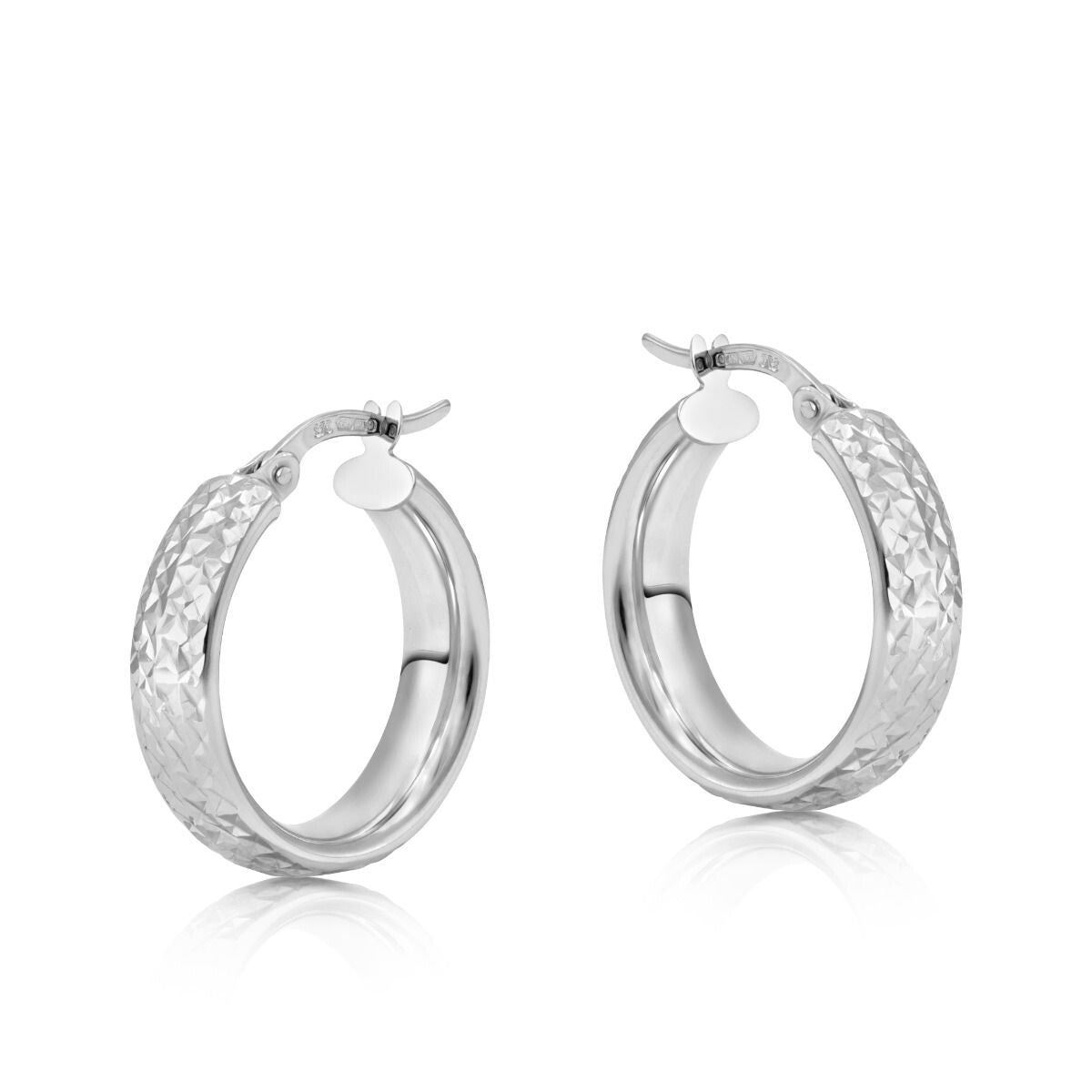 Tyre Tread Hoop Earrings 20mm 9ct White Gold D-Shape Creole Hoops Hallmarked