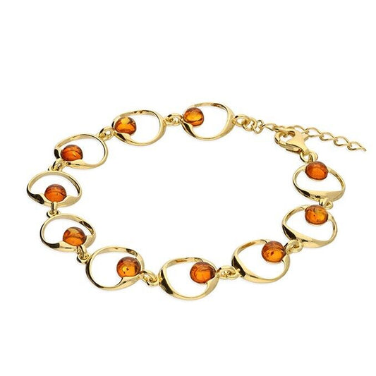 Amber Open Circle Bracelet 24k Yellow Gold on Solid Sterling Silver 925 21.5cm