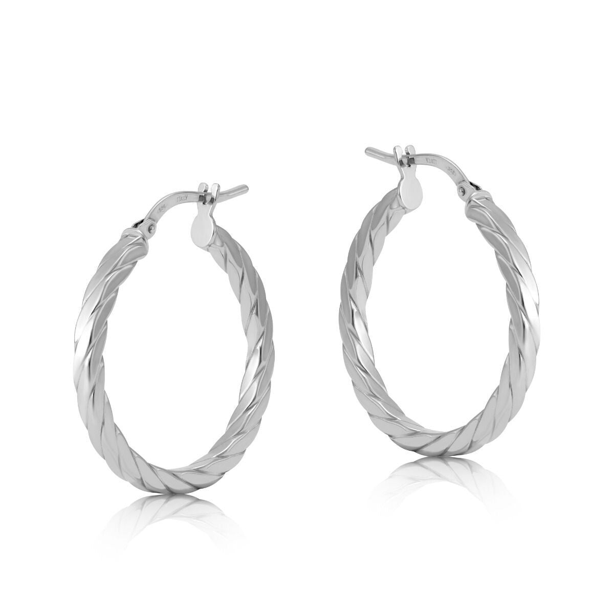 White Gold Twist Hoop Earrings 24mm Flat Square profile Hoops Hallmarked