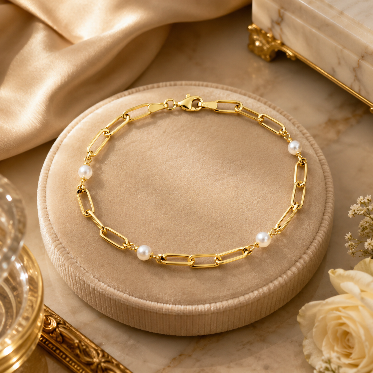 Yellow Gold Paperclip Chain Bracelet With Freshwater Pearl  375 Hallmark 19.5cm