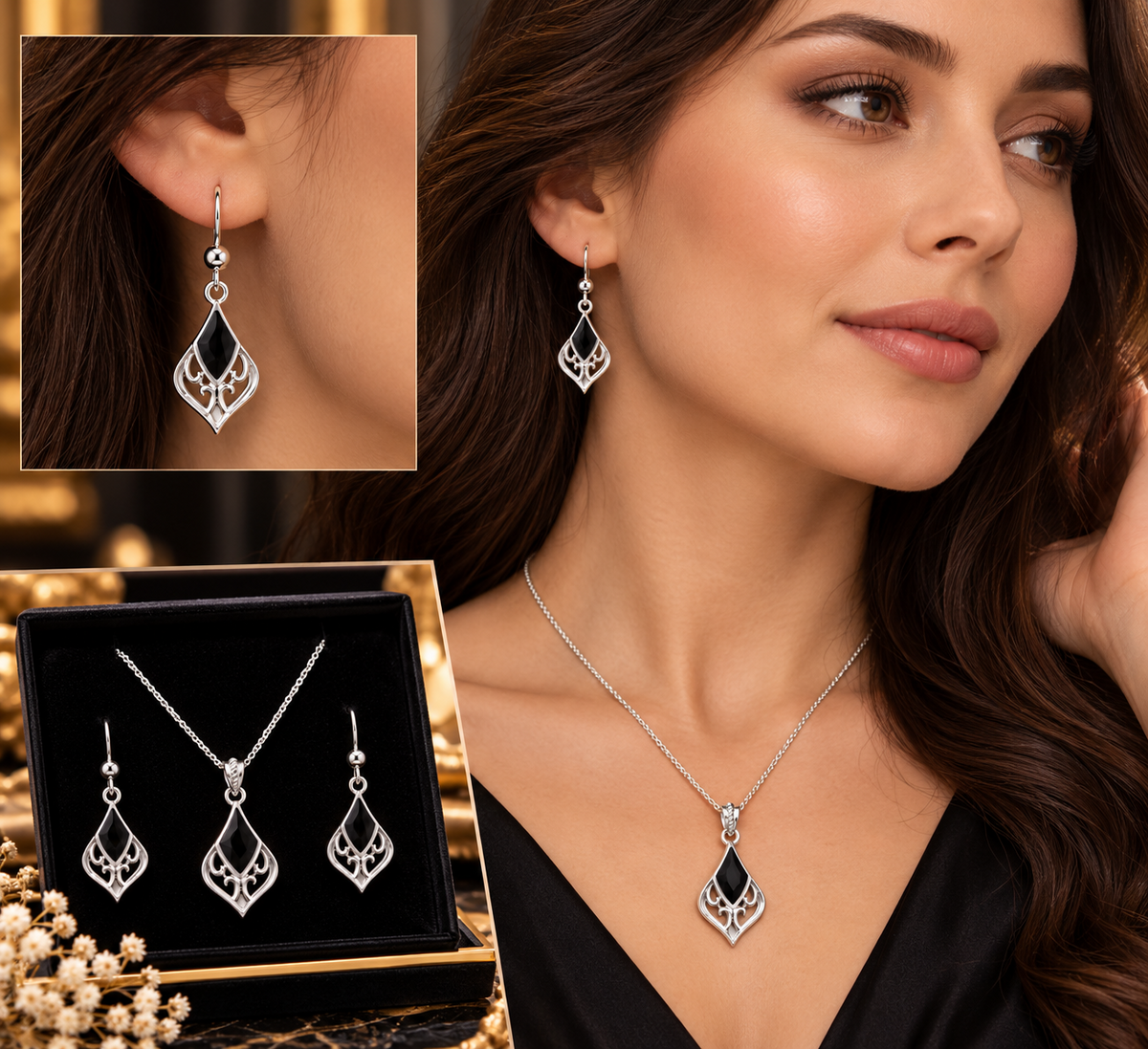 Real Onyx Filigree Pendant Necklace and Matching Drop Earrings Sterling Silver