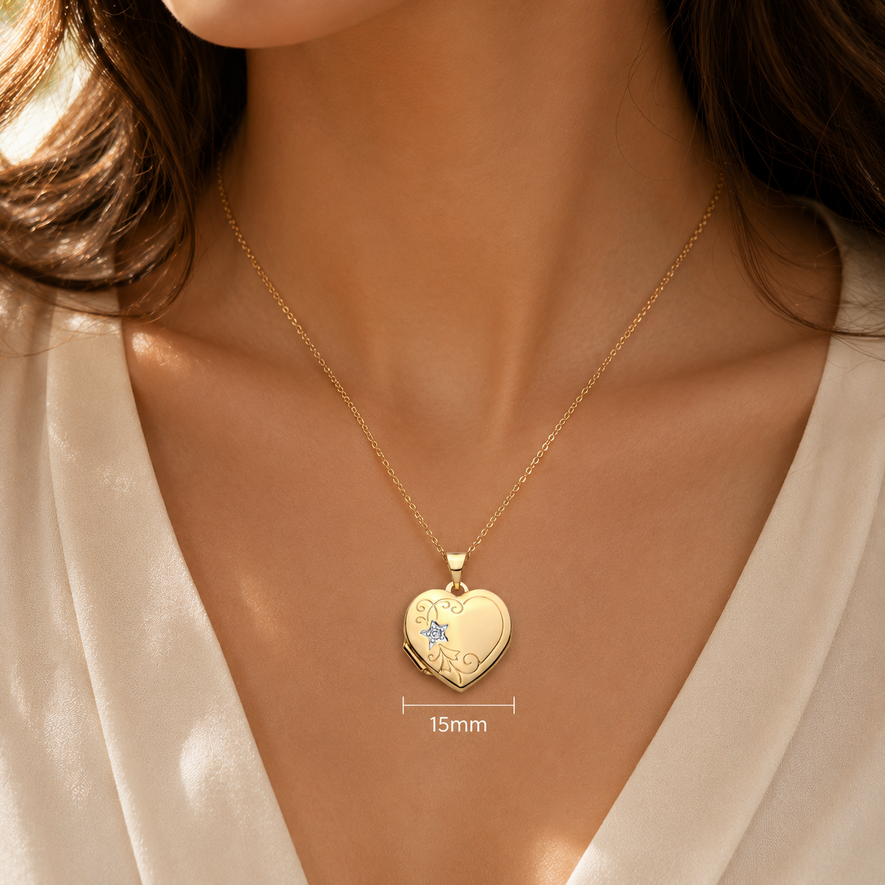 Gold Heart Floral Locket Pendant with Natural Diamond on Solid Silver 18" Chain