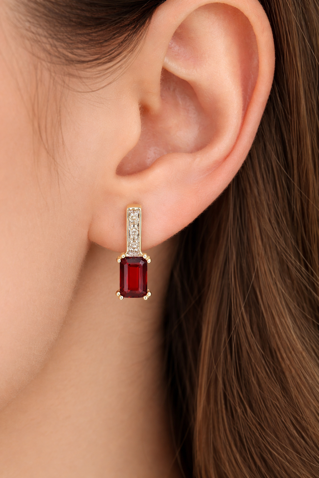 Natural Garnet and Diamond Earrings Solid 9ct Yellow Gold Drops Hallmarked