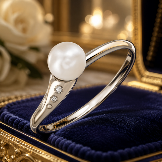 Minimalist Freshwater Pearl Ring – Solid White Gold With Diamond Accents