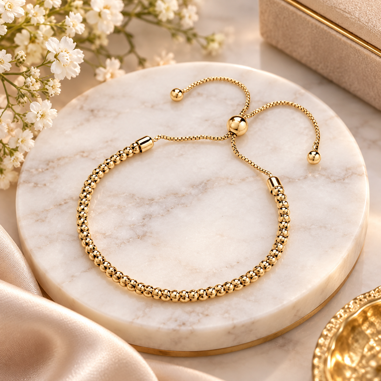 18ct Gold Adjustable Bolo Slider Bracelet Bead Chain Ball End on Sterling Silver