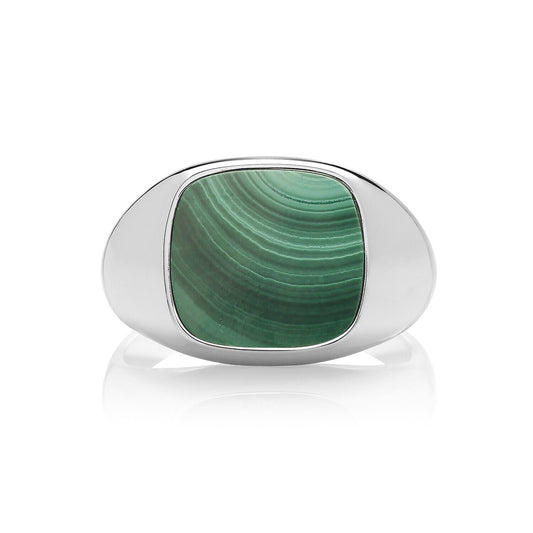 Men's Malachite Cushion Signet Ring Gents Sterling Silver Fully Hallmarked