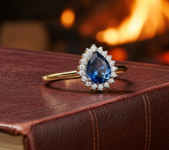 18ct Gold Sapphire Pear Ring on Solid Sterling Silver 925 Hallmark Sizes K-S