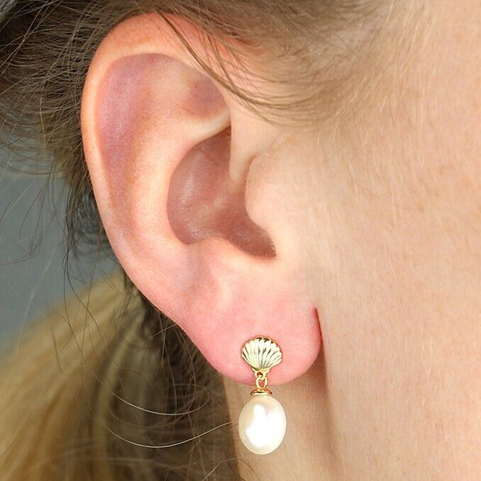 Yellow Gold Shell Stud Drop Earrings with Keshi Pearl on Solid Sterling Silver