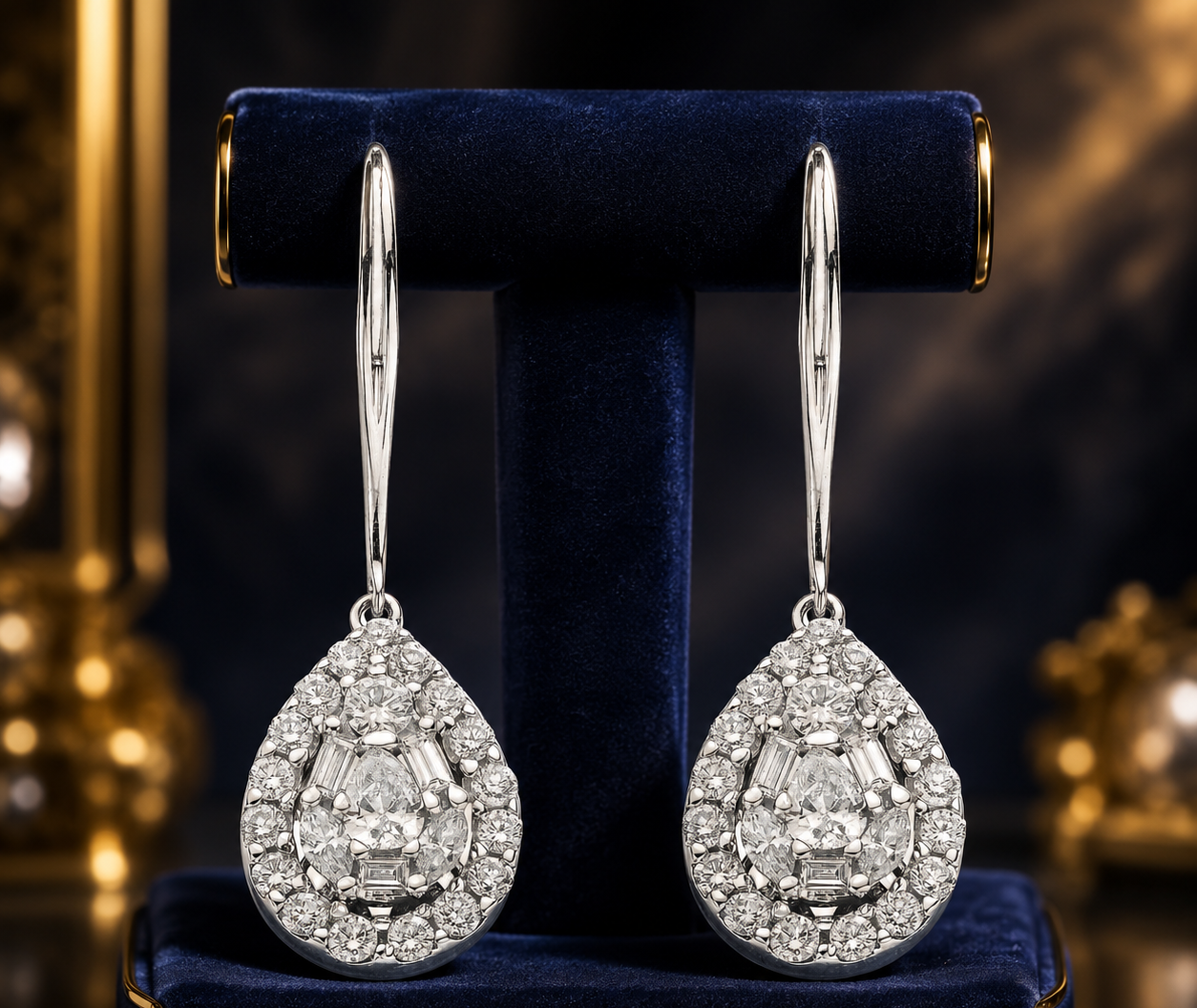 18ct White Gold Diamond Pear Drop Earrings 34mm Halo Cluster Hook Bridal