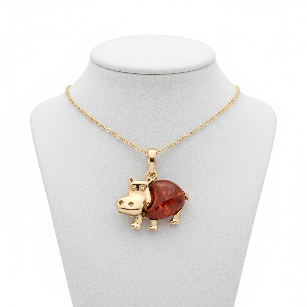 Natural Amber Hippo Pendant  18ct Gold on Solid Sterling Silver 925 18" Chain