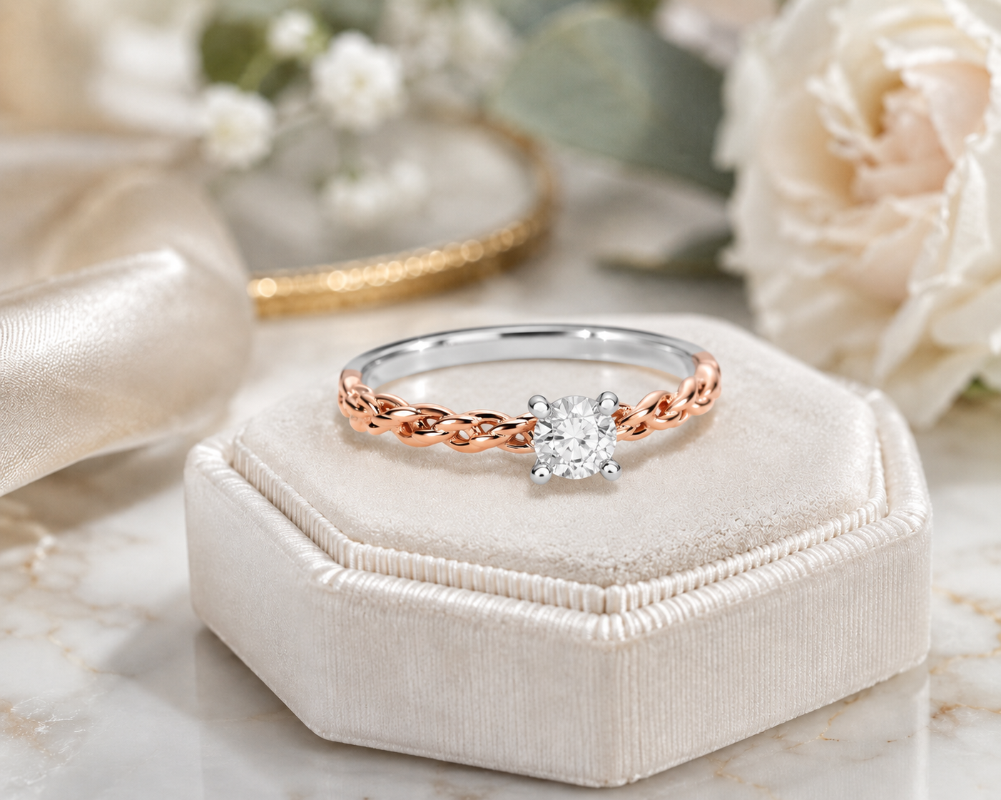 Elegant Two-Tone Twisted Solitaire Ring 18ct Rose Gold on Solid Sterling Silver