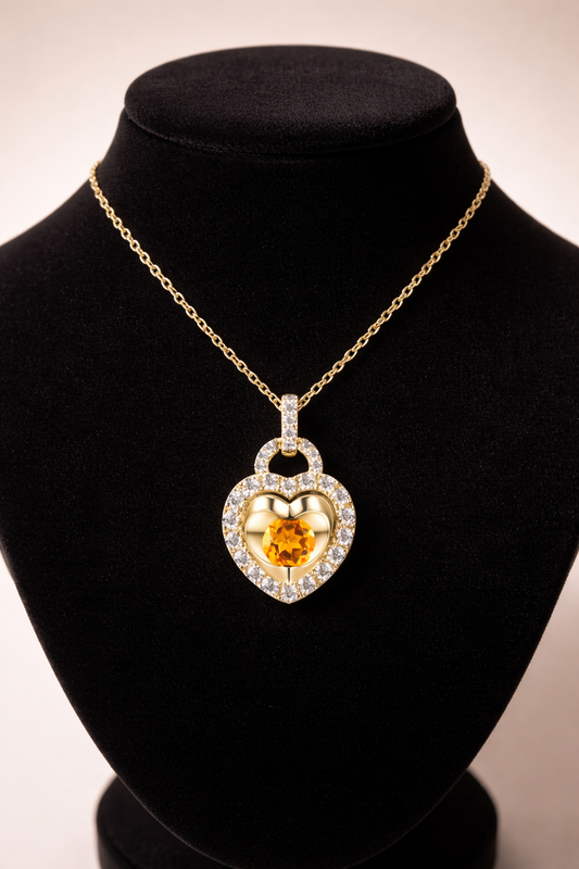 Citrine Heart Necklace With Diamond Solid Yellow Gold 18" 46cm Length Chain