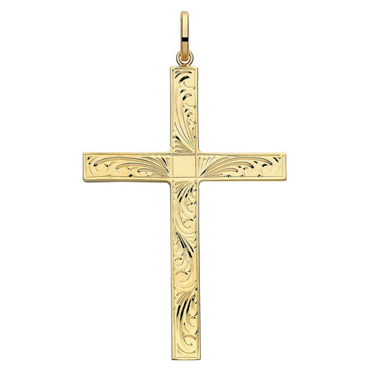 9ct Yellow Gold Patterned Cross Pendant Large 50 x 35mm Christianity Christening