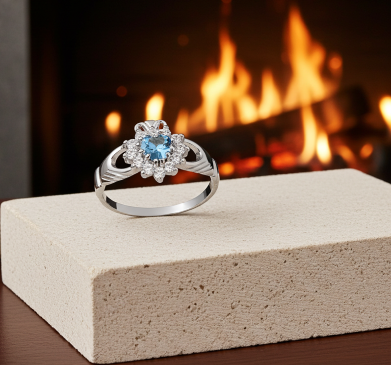 Blue Topaz Claddagh Ring Solid Sterling Silver 925 Hallmark