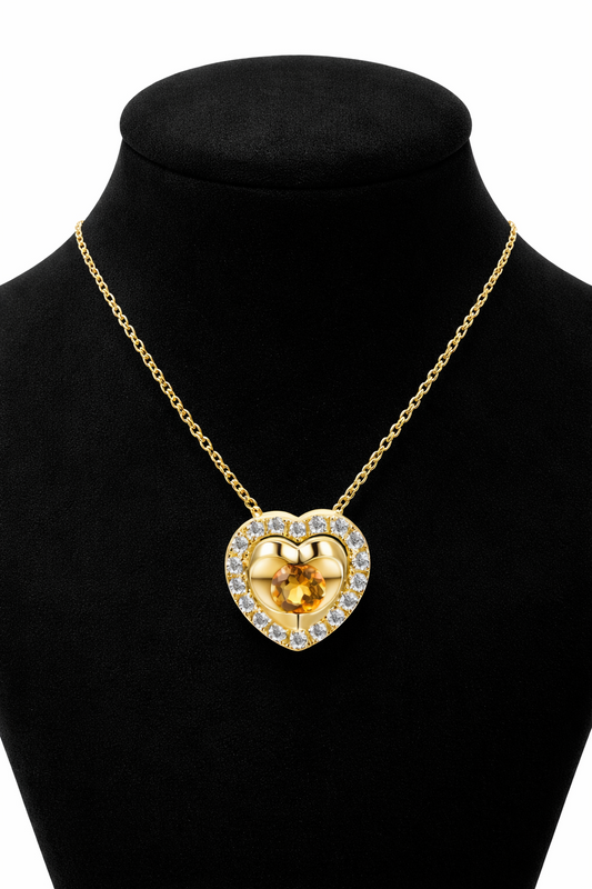 Citrine Heart Necklace With Diamond Solid Yellow Gold 18" 46cm Length Chain