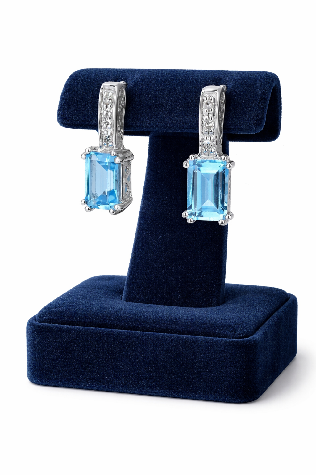 Natural Blue Topaz and Diamond Earrings Solid 9ct White Gold Drops Hallmarked