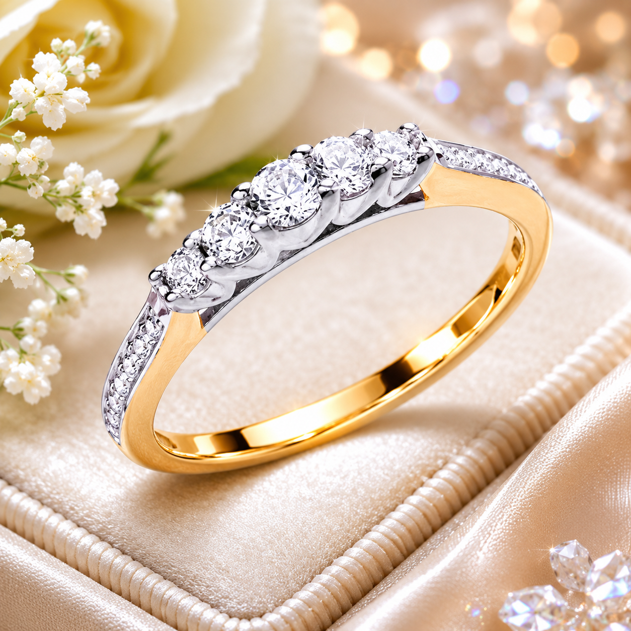 Elegant Five Stone Ring in 18ct Gold on Solid Sterling Silver with Pavé Accents