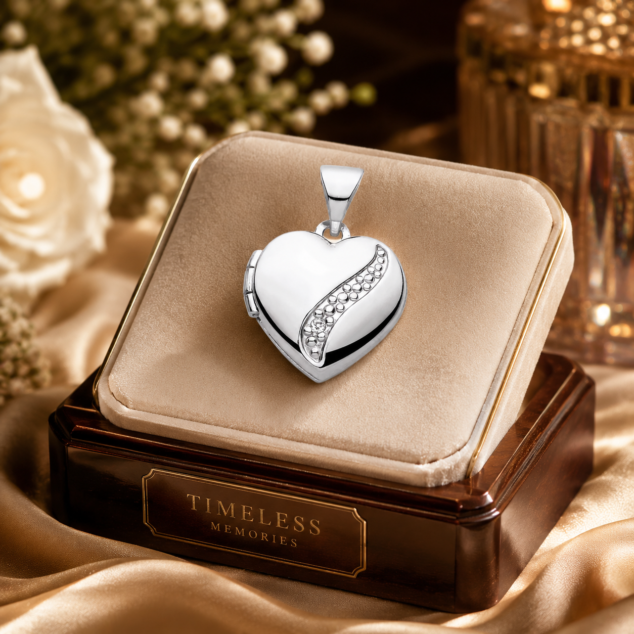 Elegant Silver Heart Locket Pendant with Natural Diamond 18" Chain 925 Hallmark