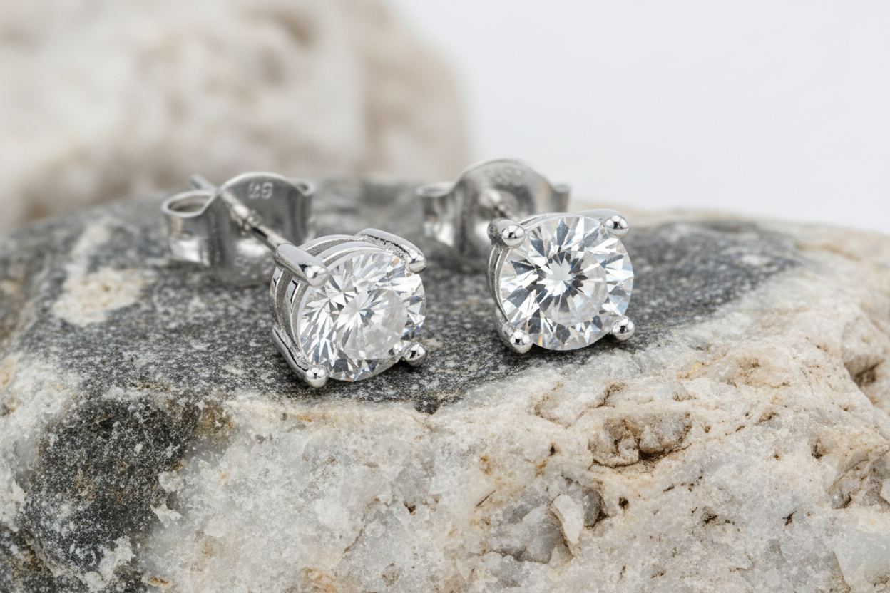 Fred Bennett Claw Set Clear Crystal Stud Earrings Solid Sterling Silver E2657C